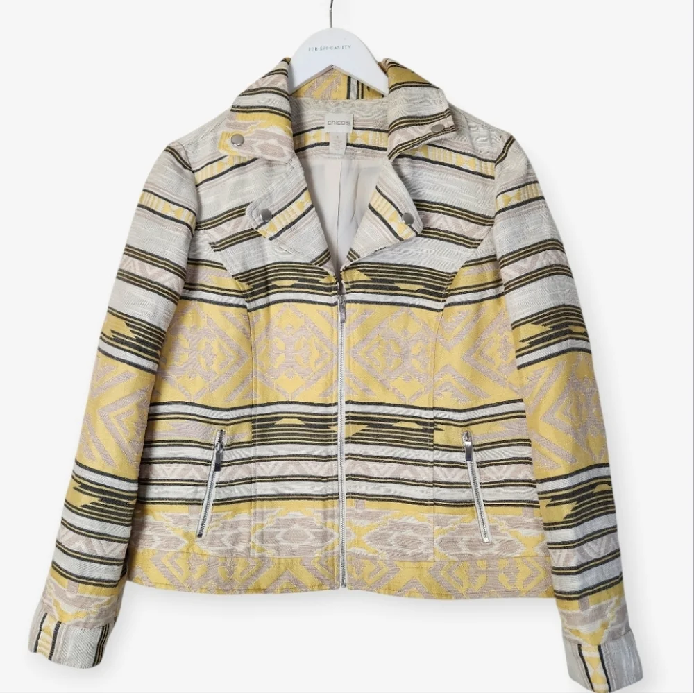 CHICO'S Aztec Southwest Jacquard Moto Western Yellow Black Striped Jacket Sz. M